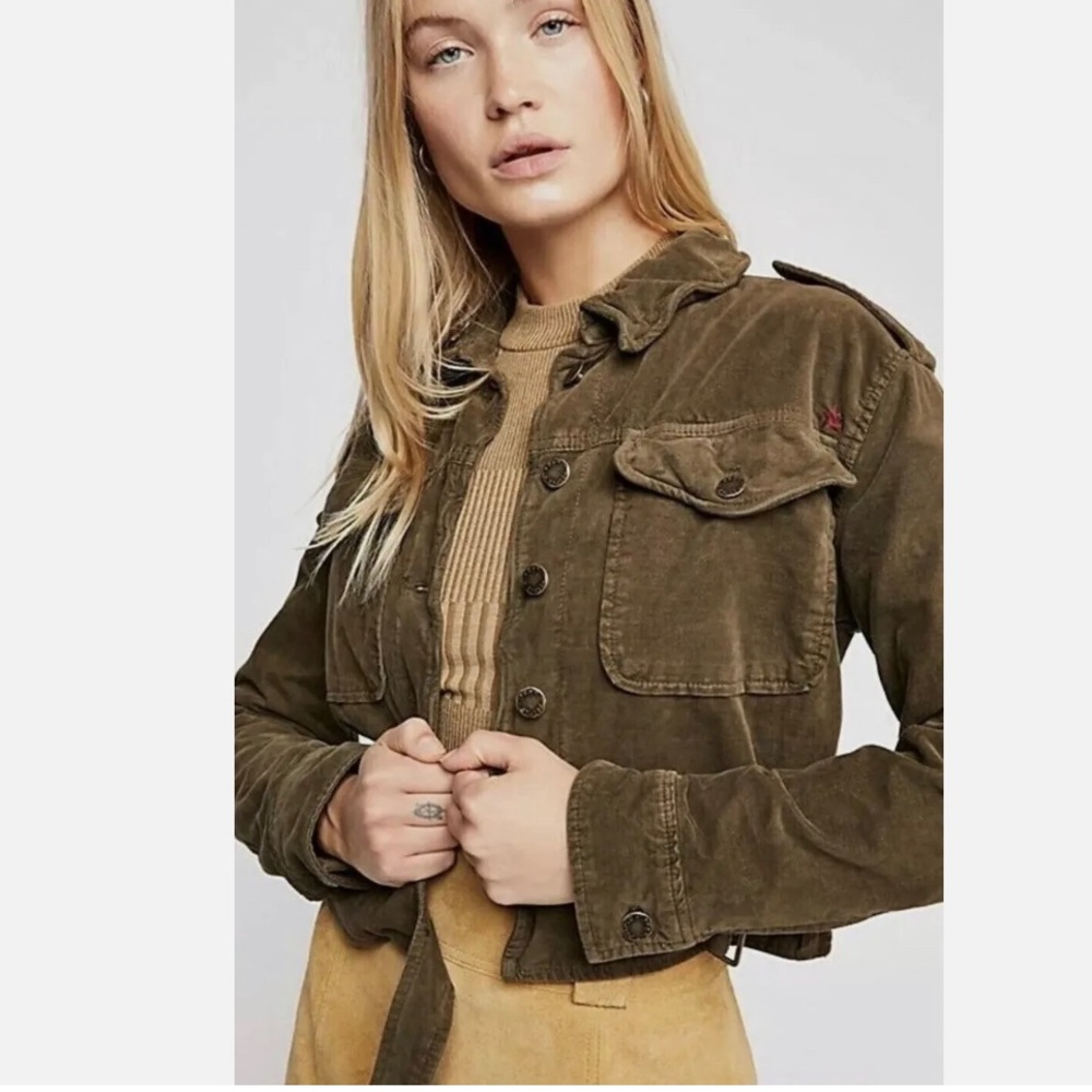Free People Everlyn Corduroy Cropped Jacket Size S Moss Green